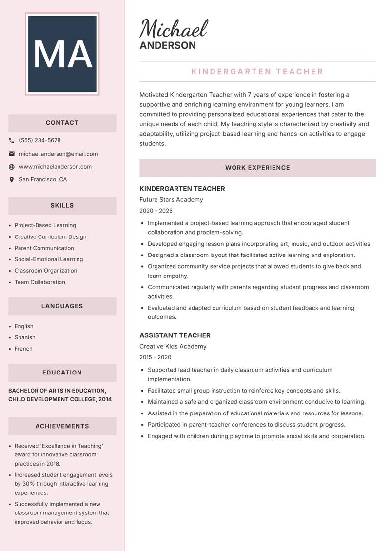 Kindergarten Teacher resume template — Executive