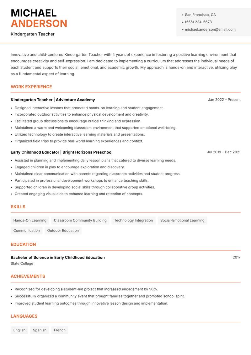 Kindergarten Teacher resume template — Modern Professional