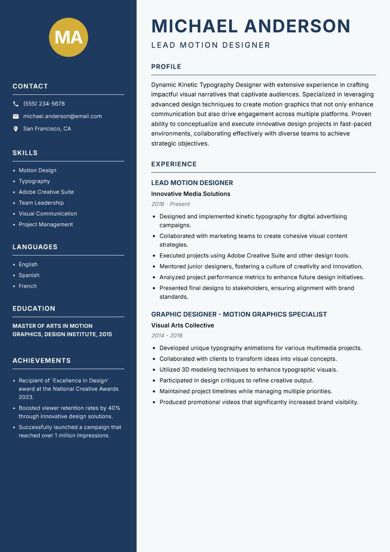 Kinetic Typography Designer resume template — Classic Clean