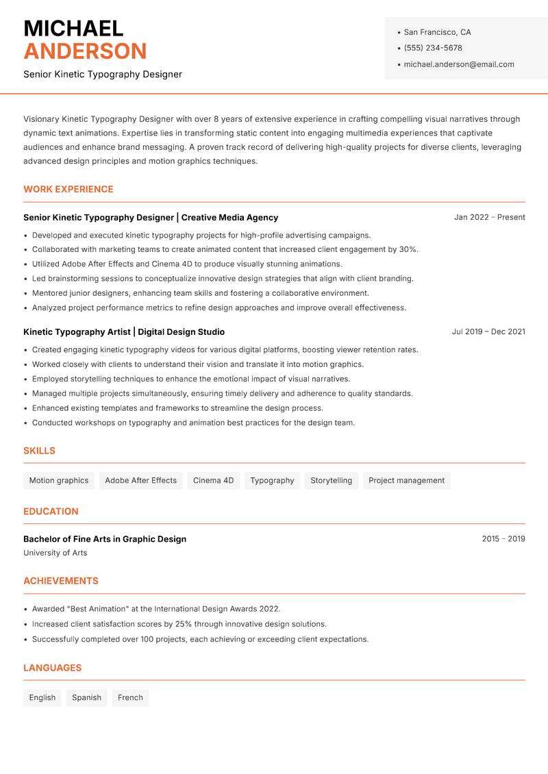 Kinetic Typography Designer resume template — Modern Professional
