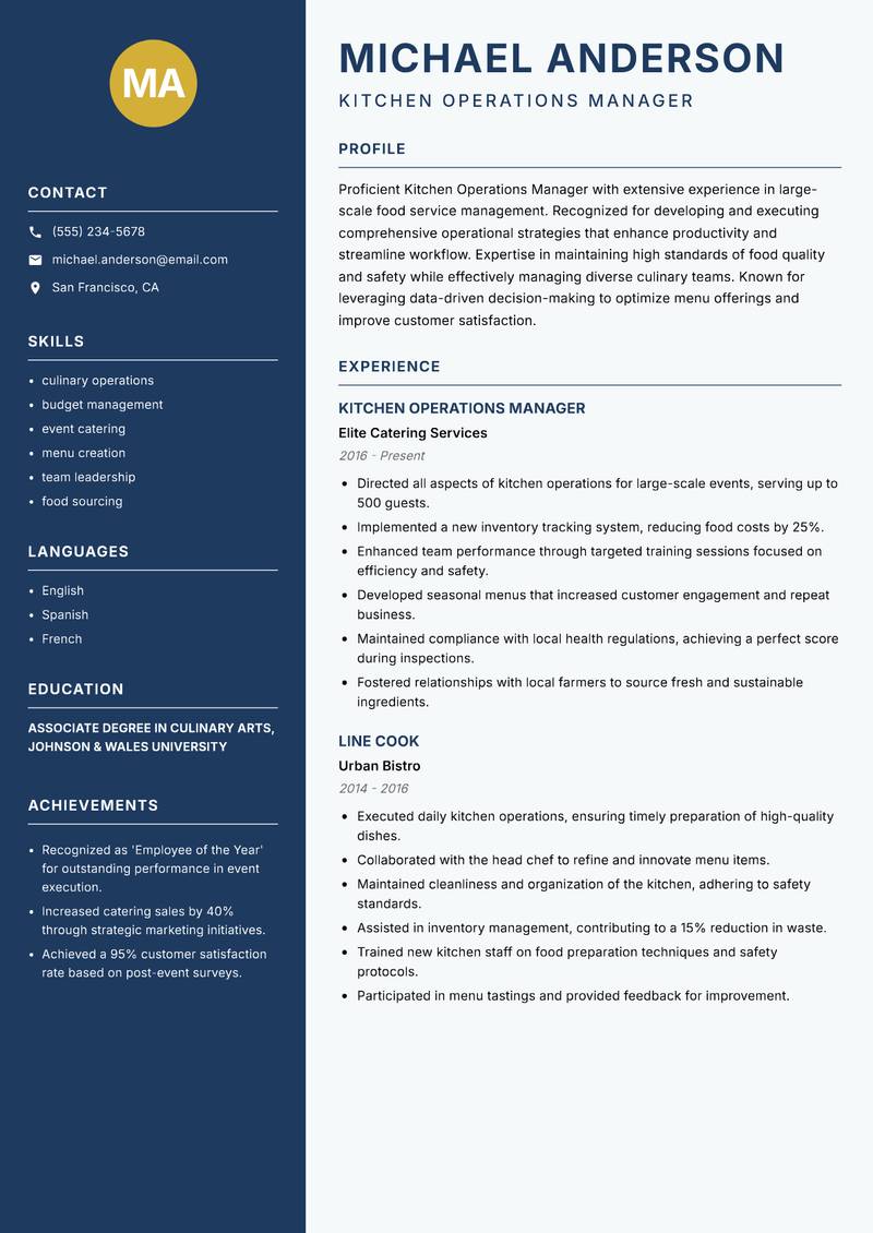 Kitchen Operations Manager resume template — Classic Clean