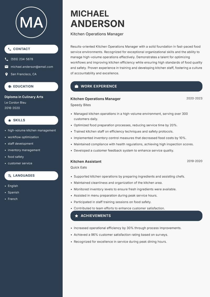 Kitchen Operations Manager resume template — Compact