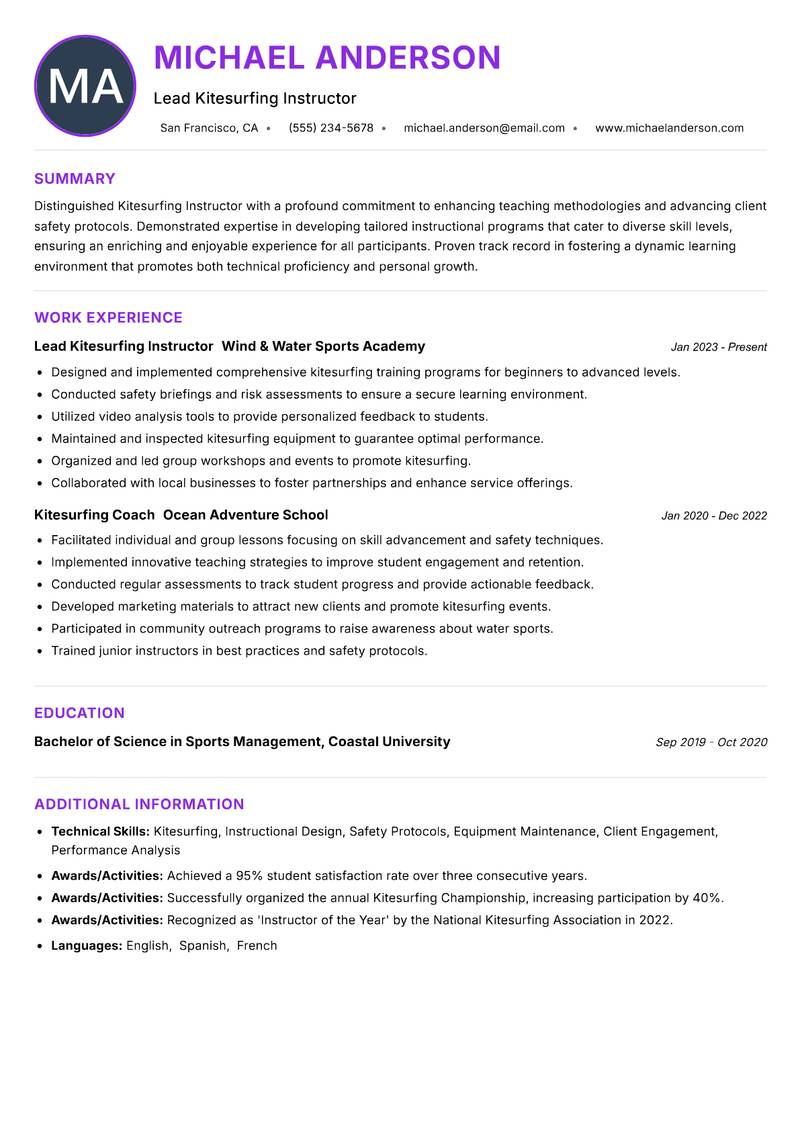 Kitesurfing Instructor resume example — ATS-friendly template