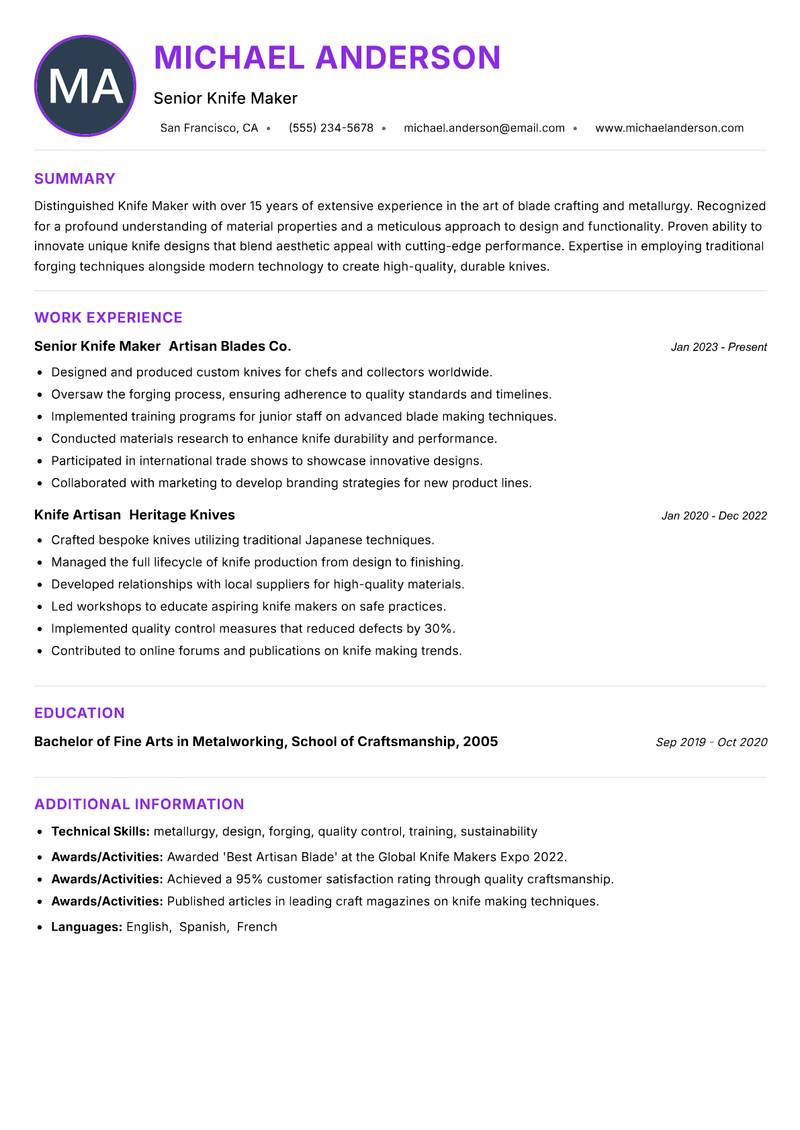 Knife Maker resume example — ATS-friendly template
