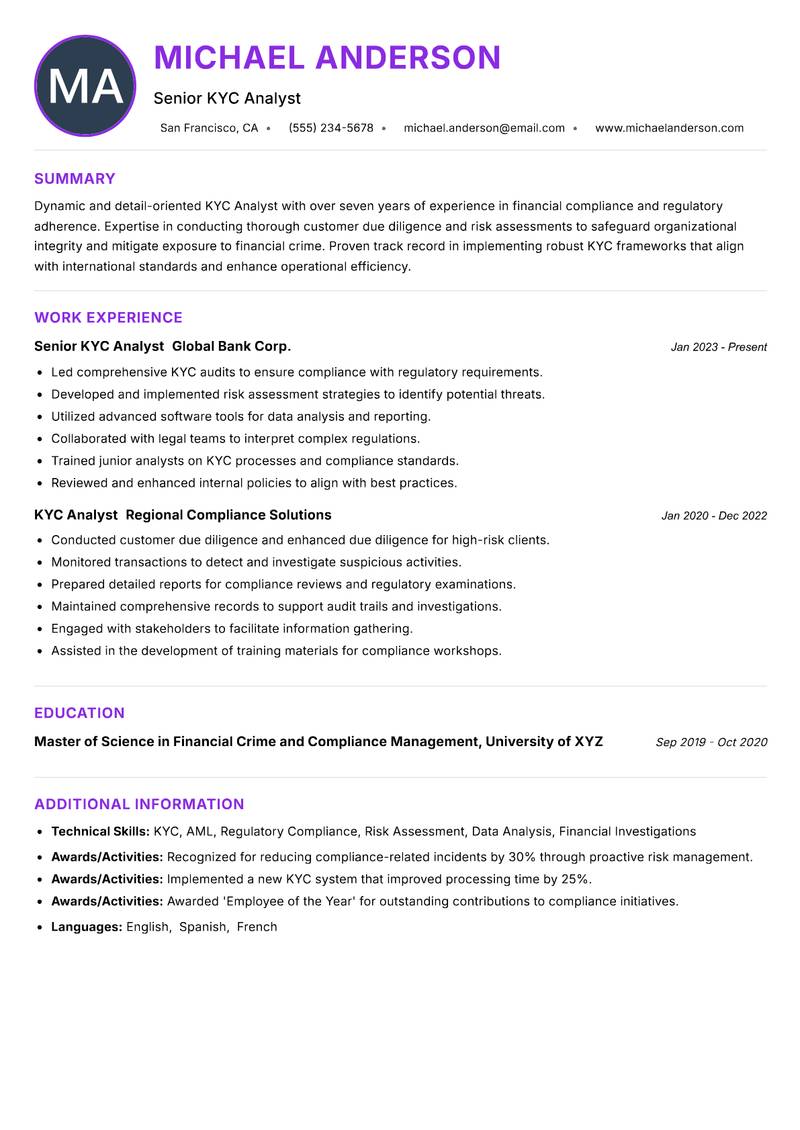 KYC Analyst resume example — ATS-friendly template