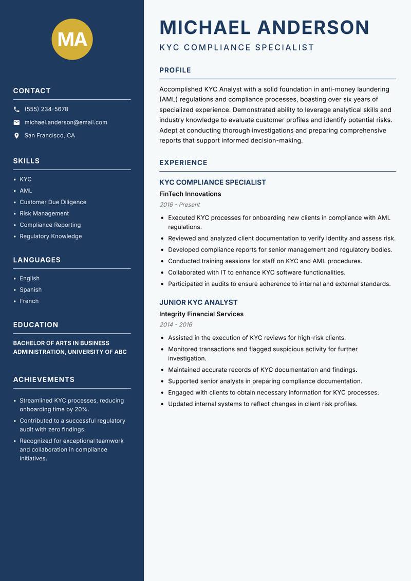 KYC Analyst resume template — Classic Clean