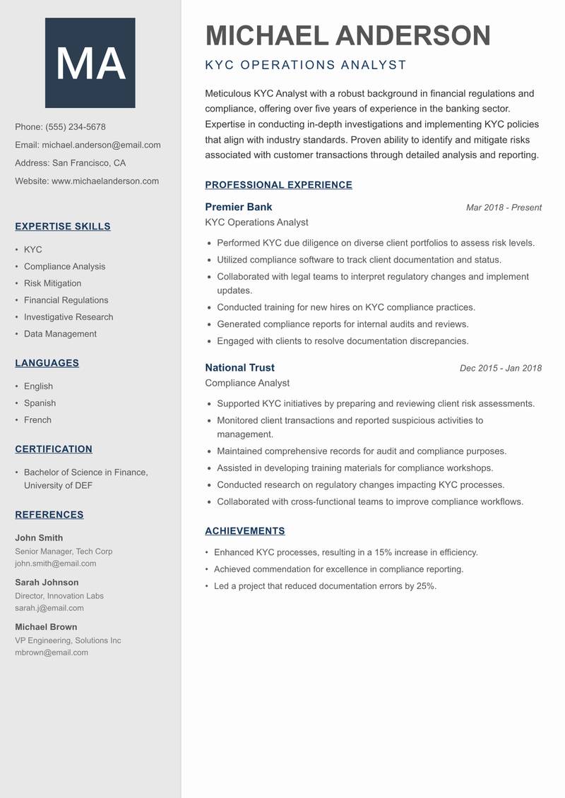 KYC Analyst resume template — Creative Minimal