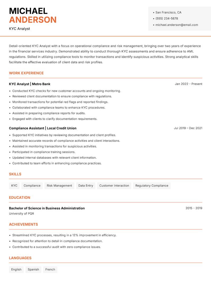 KYC Analyst resume template — Modern Professional