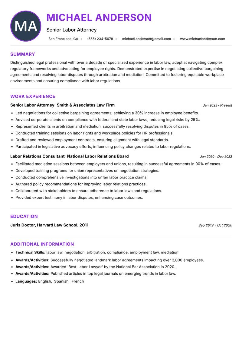 Labor Lawyer resume example — ATS-friendly template