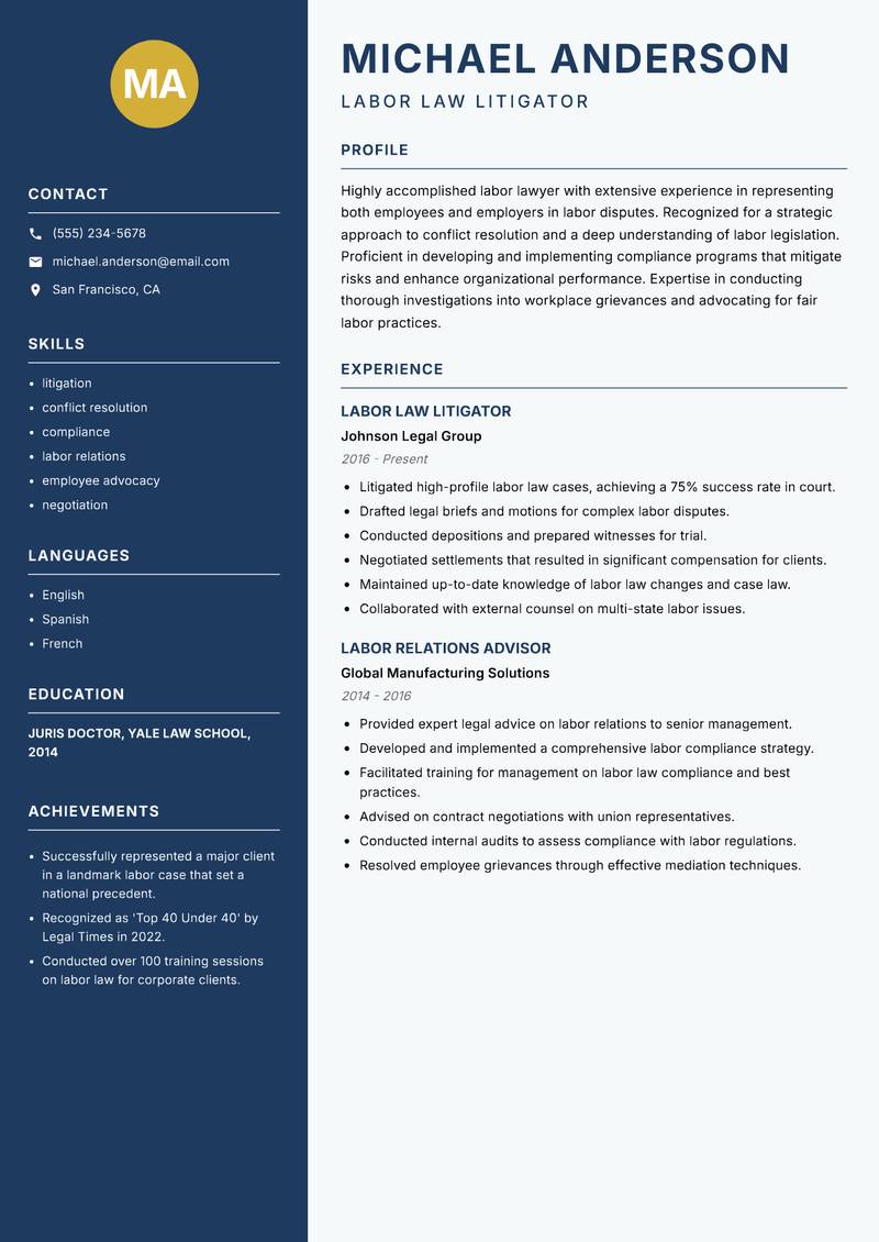 Labor Lawyer resume template — Classic Clean