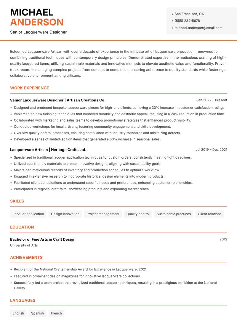 Lacquerware Artisan resume template — Modern Professional