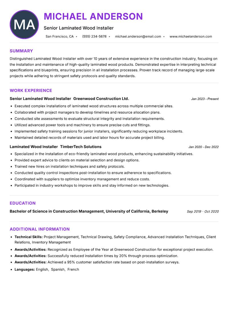 Laminated Wood Installer resume example — ATS-friendly template