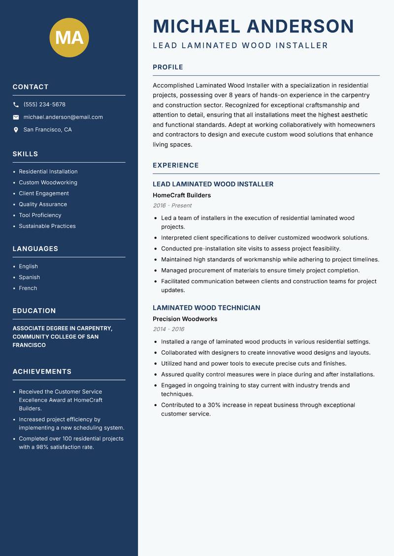 Laminated Wood Installer resume template — Classic Clean