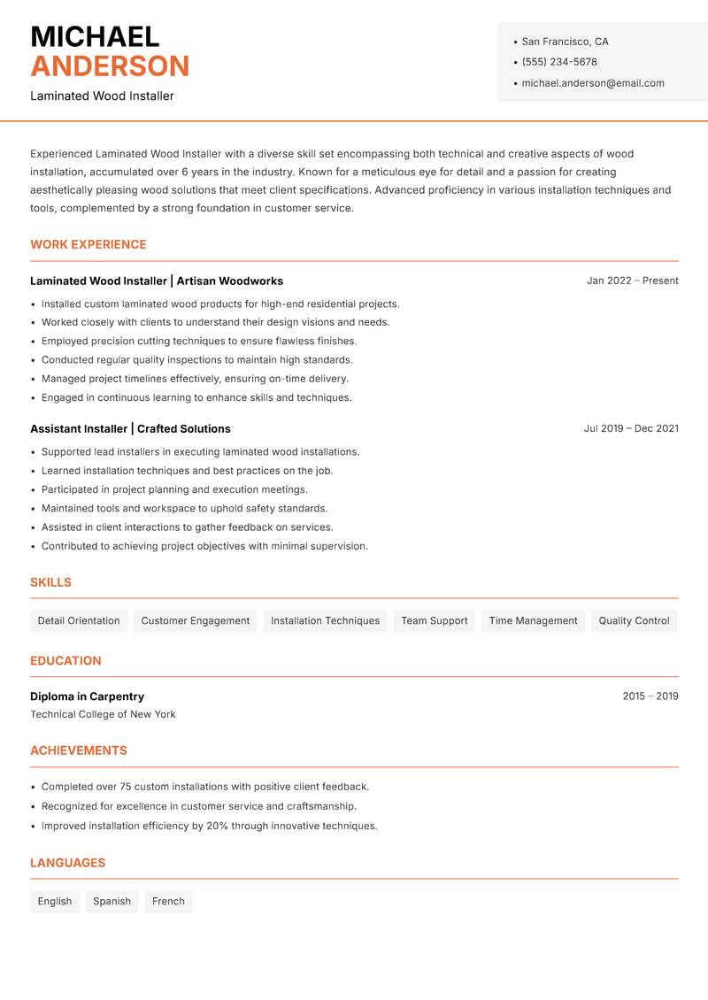 Laminated Wood Installer resume template — Modern Professional