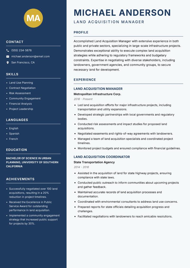 Land Acquisition Manager resume template — Classic Clean