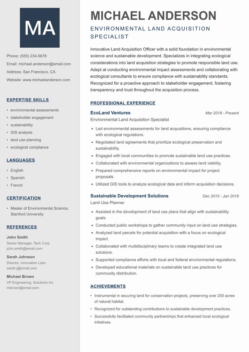 Land Acquisition Officer resume template — Creative Minimal