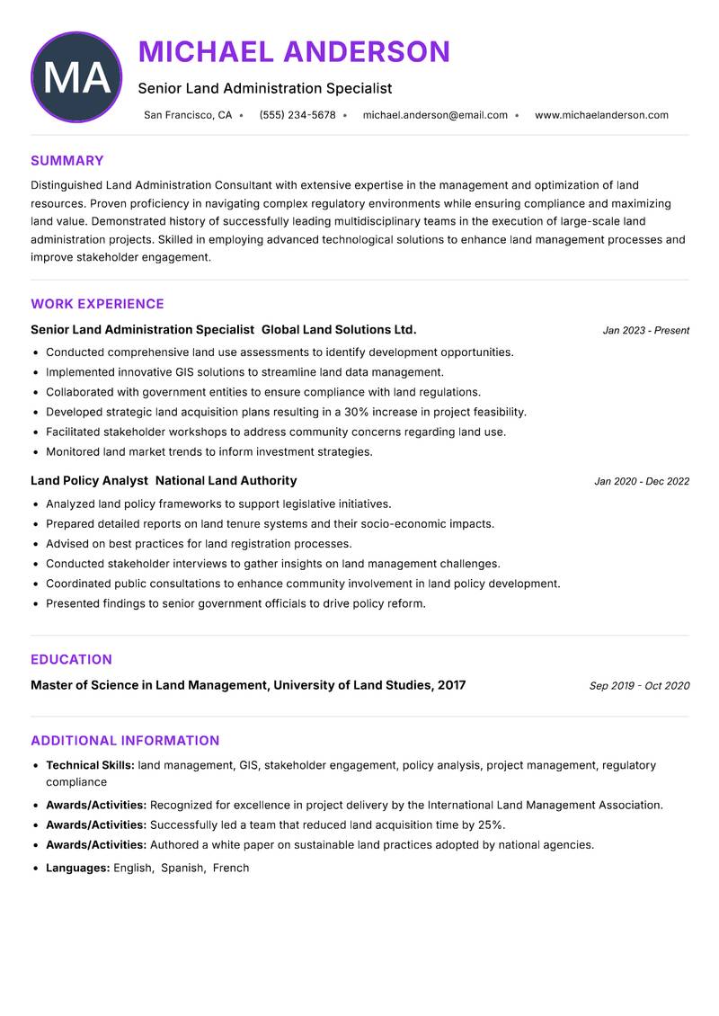 Land Administration Consultant resume example — ATS-friendly template