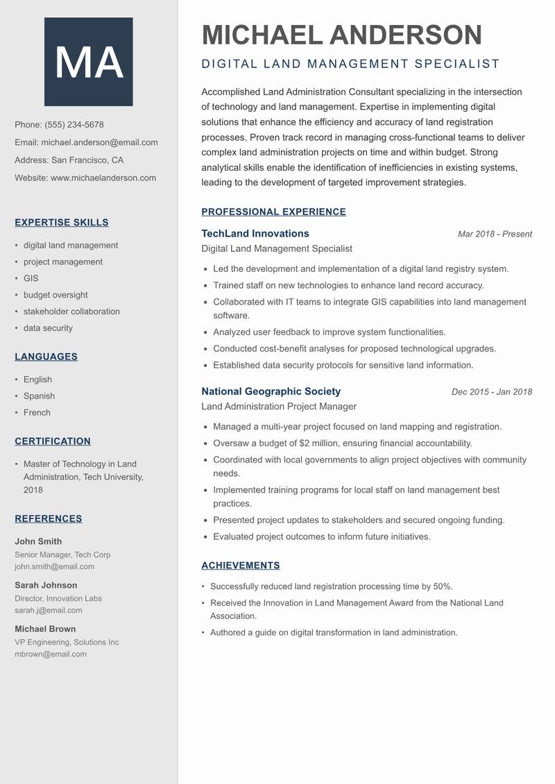 Land Administration Consultant resume template — Creative Minimal