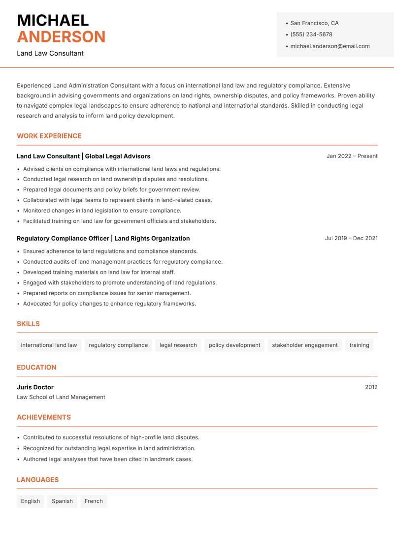 Land Administration Consultant resume template — Modern Professional