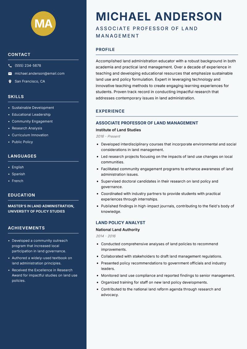 Land Administration Educator resume template — Classic Clean