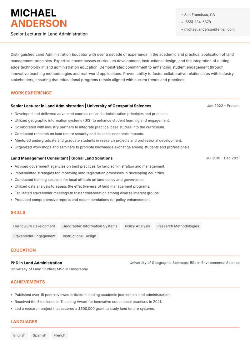 Land Administration Educator resume template — Modern Professional