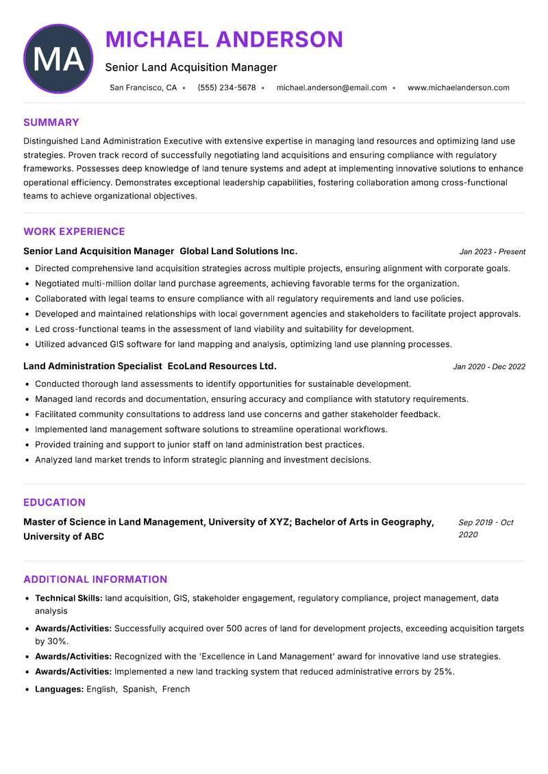 Land Administration Executive resume example — ATS-friendly template