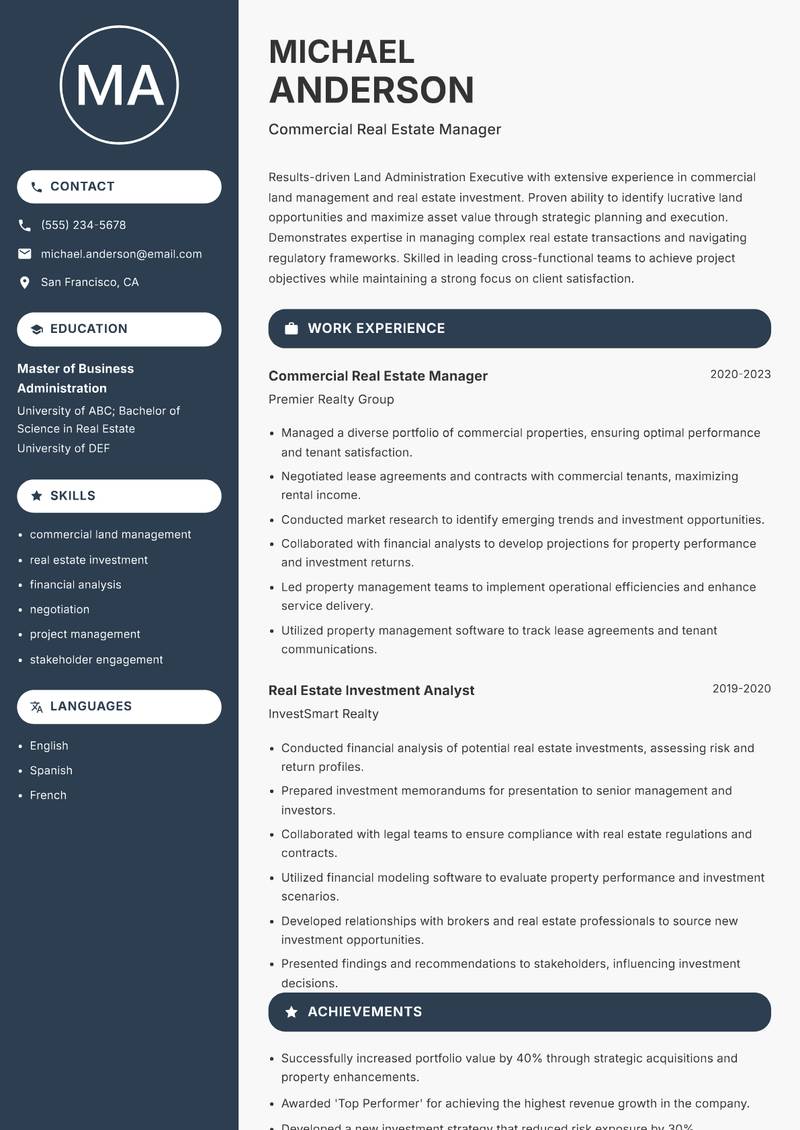 Land Administration Executive resume template — Compact