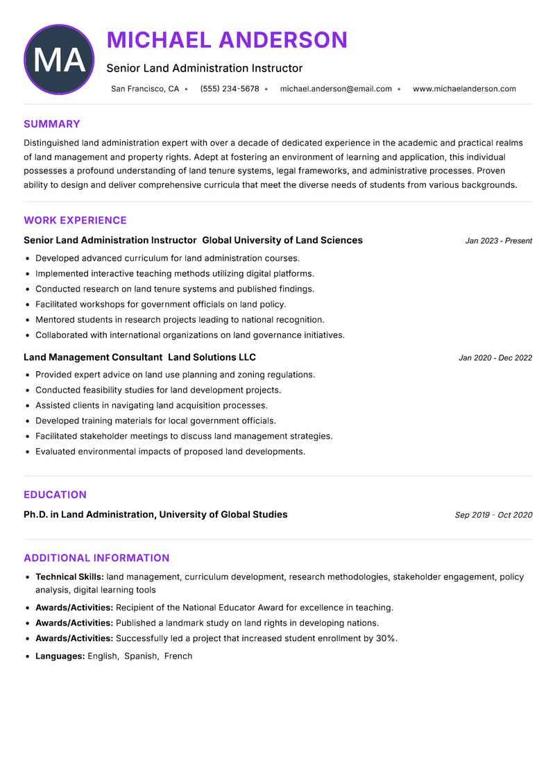 Land Administration Instructor resume example — ATS-friendly template