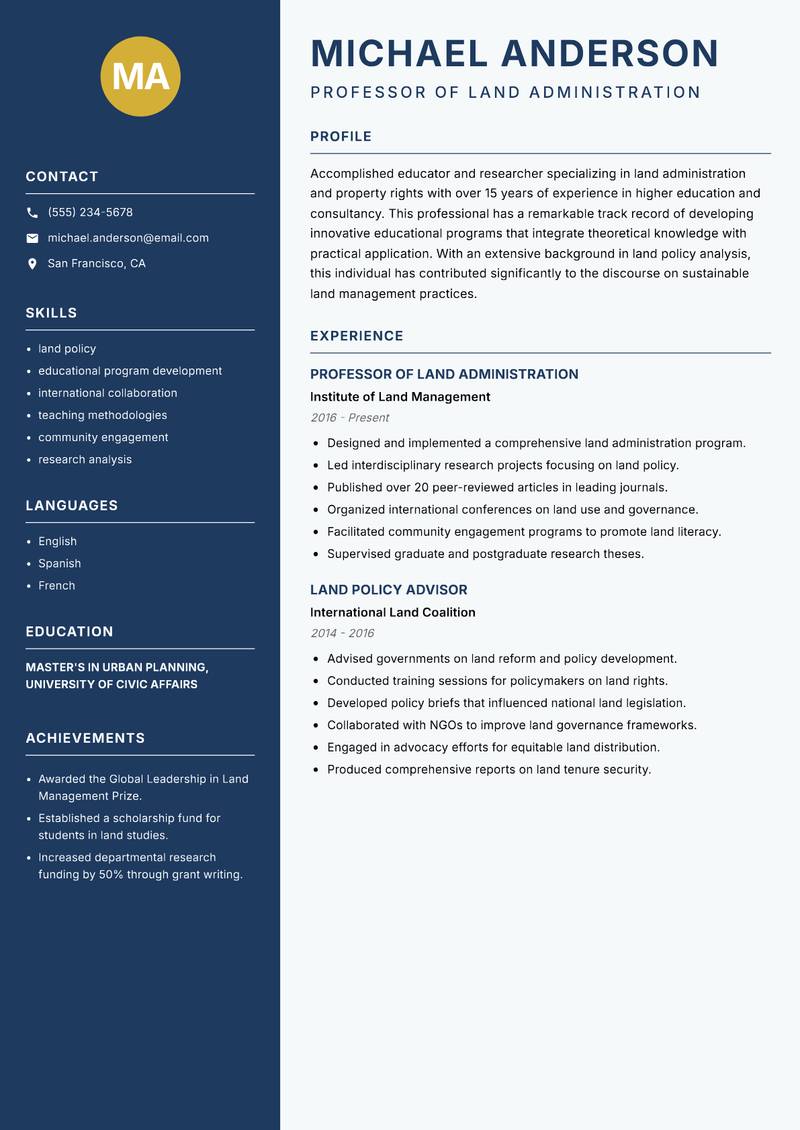 Land Administration Instructor resume template — Classic Clean