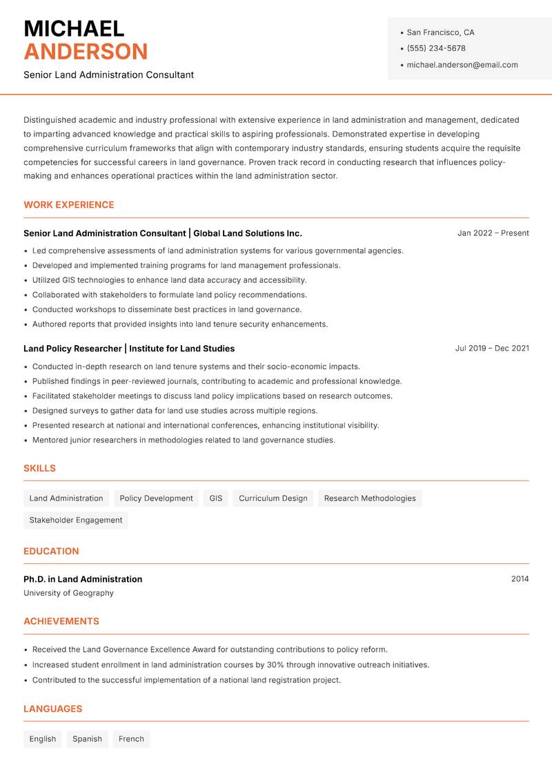 Land Administration Instructor resume template — Modern Professional