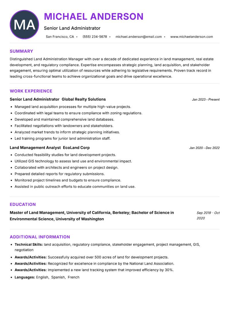 Land Administration Manager resume example — ATS-friendly template
