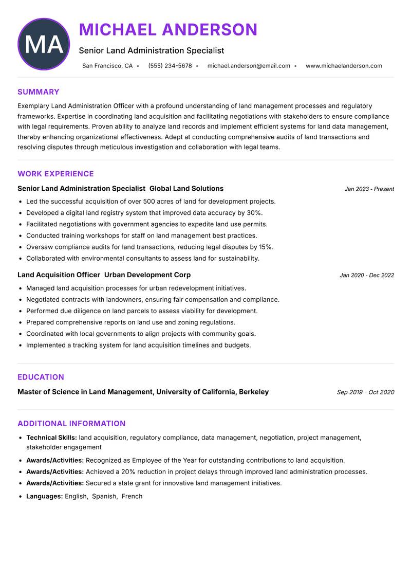 Land Administration Officer resume example — ATS-friendly template