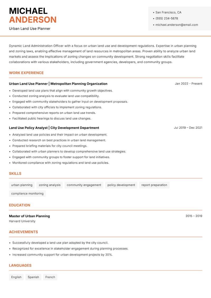 Land Administration Officer resume template — Modern Professional