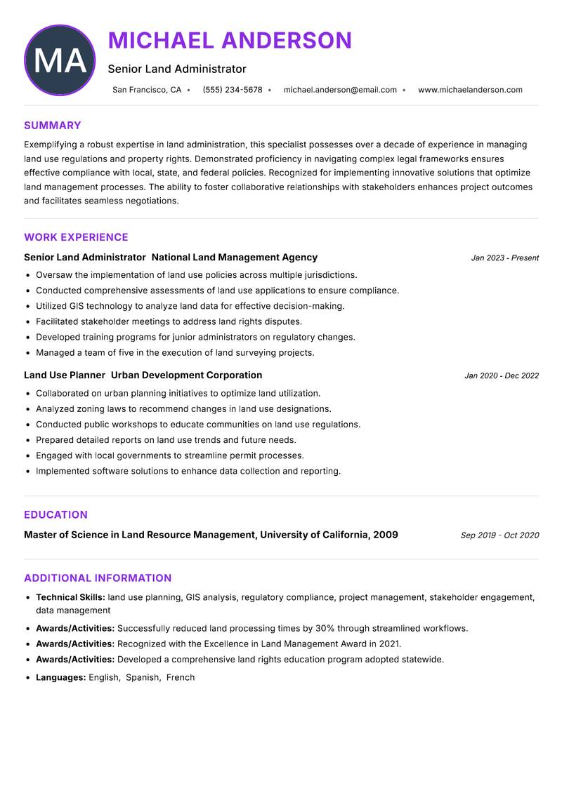 Land Administration Specialist resume example — ATS-friendly template