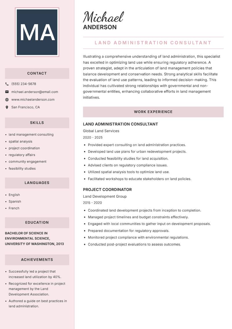 Land Administration Specialist resume template — Executive