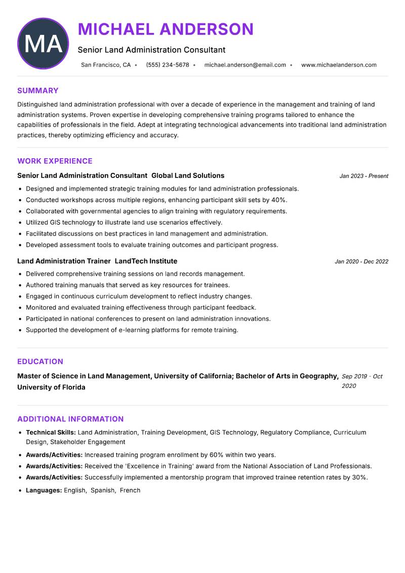 Land Administration Trainer resume example — ATS-friendly template