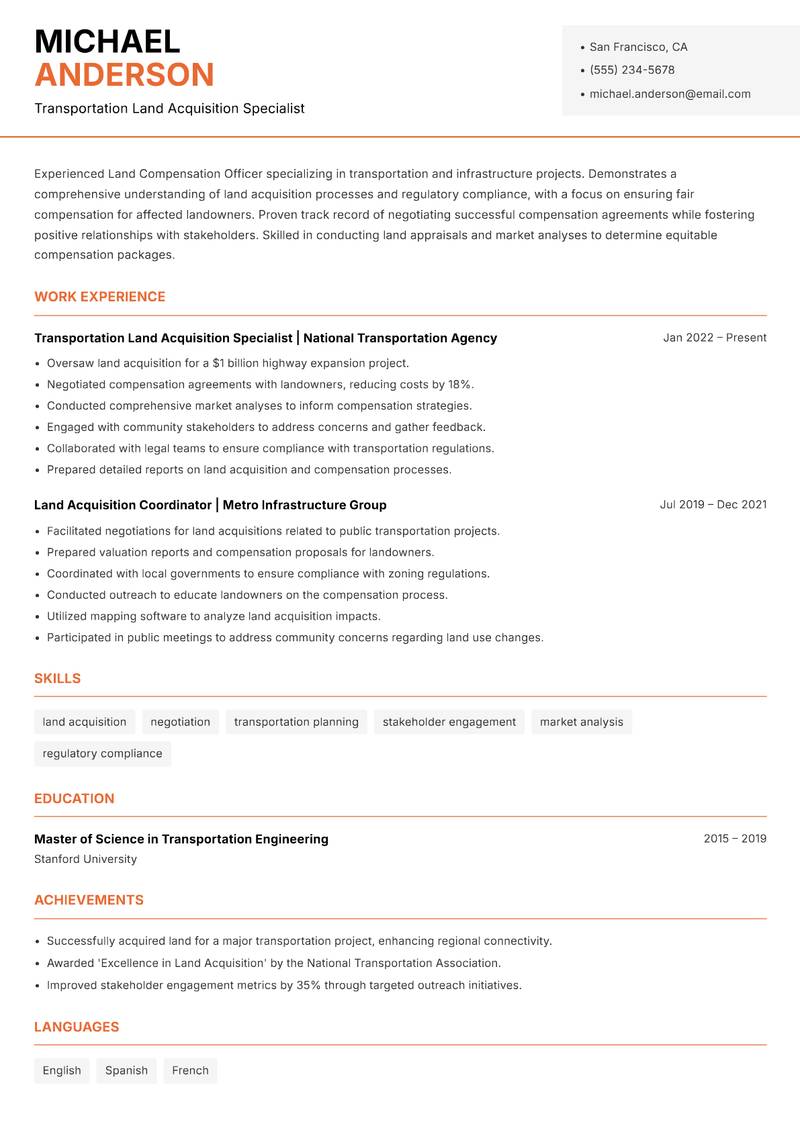 Land Compensation Officer resume template — Modern Professional