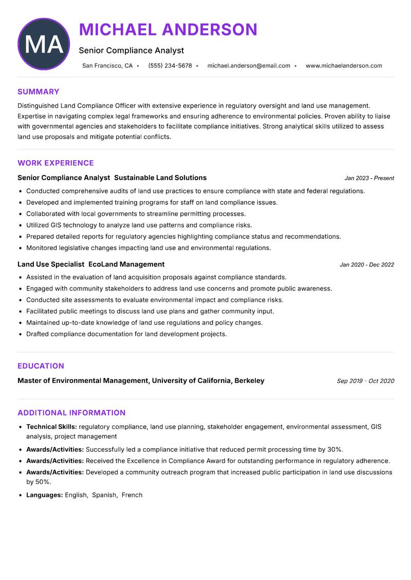 Land Compliance Officer resume example — ATS-friendly template