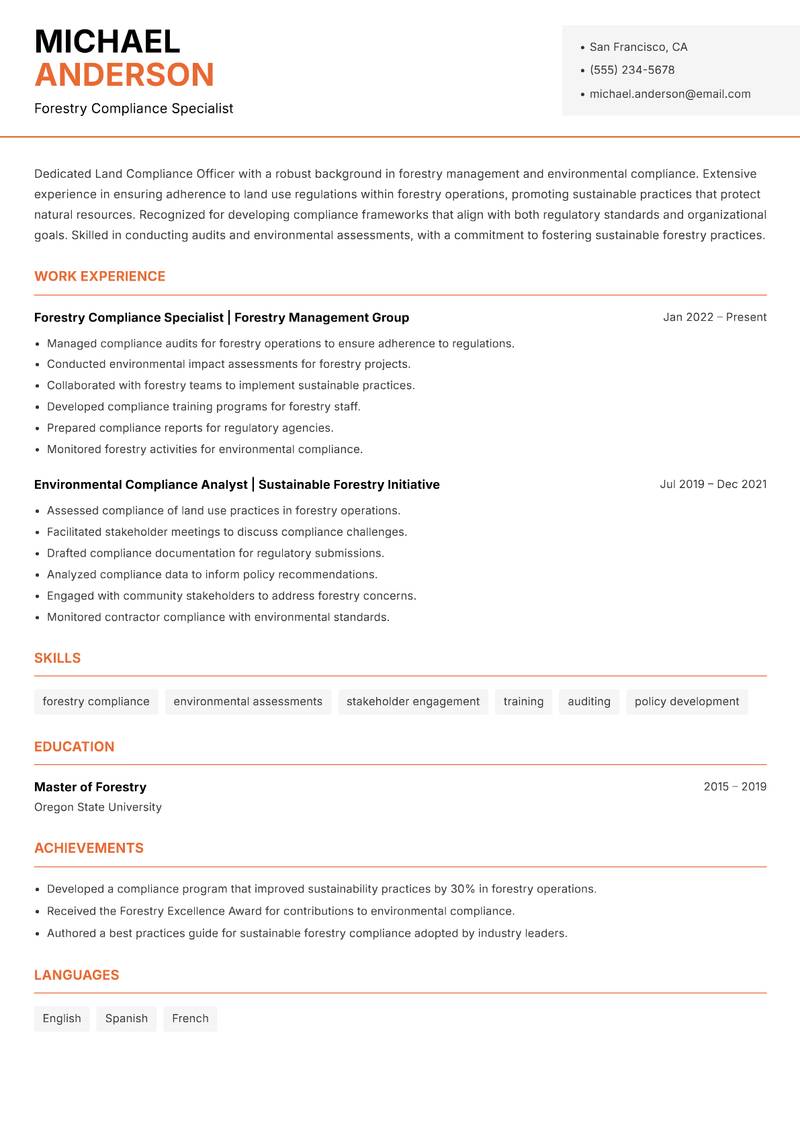 Land Compliance Officer resume template — Modern Professional
