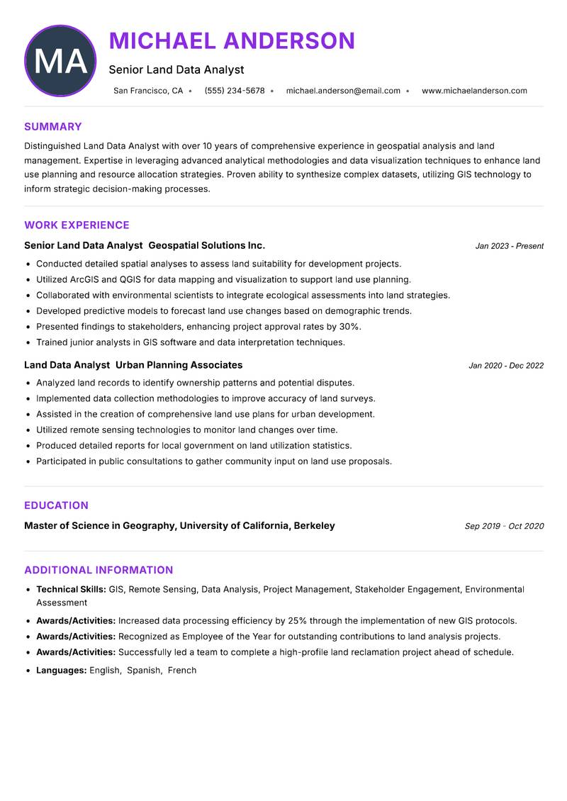 Land Data Analyst resume example — ATS-friendly template