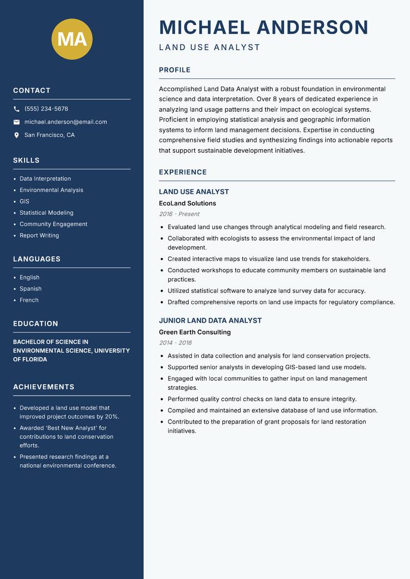 Land Data Analyst resume template — Classic Clean
