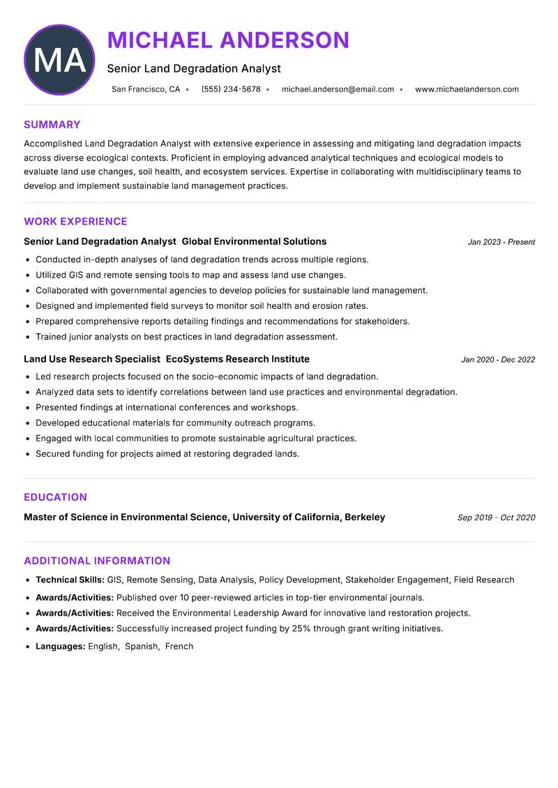 Land Degradation Analyst resume example — ATS-friendly template
