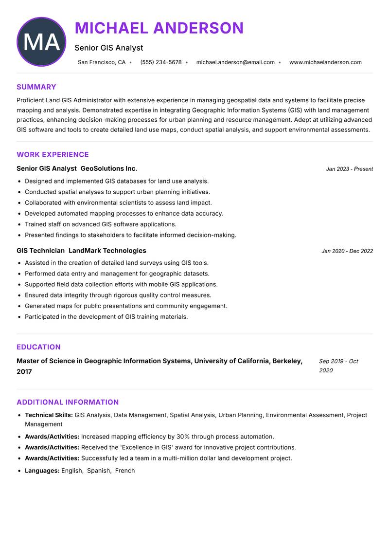 Land GIS Administrator resume example — ATS-friendly template