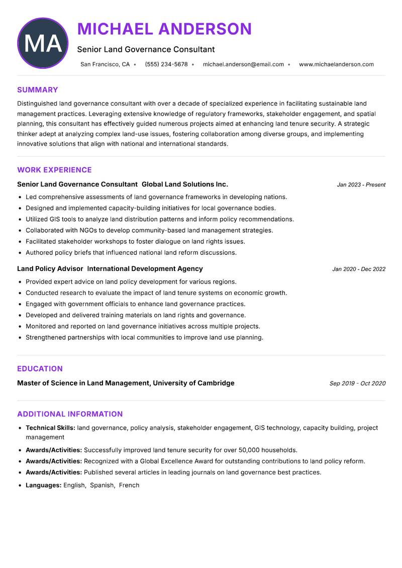 Land Governance Consultant resume example — ATS-friendly template