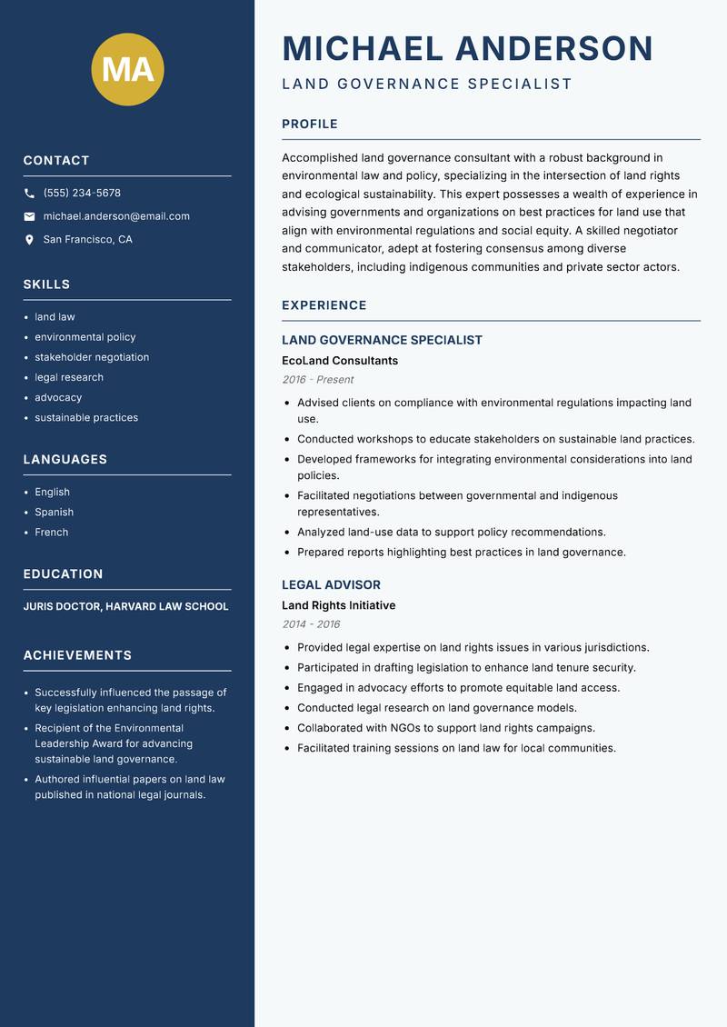 Land Governance Consultant resume template — Classic Clean