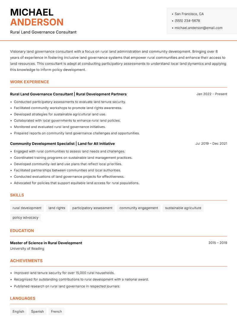 Land Governance Consultant resume template — Modern Professional