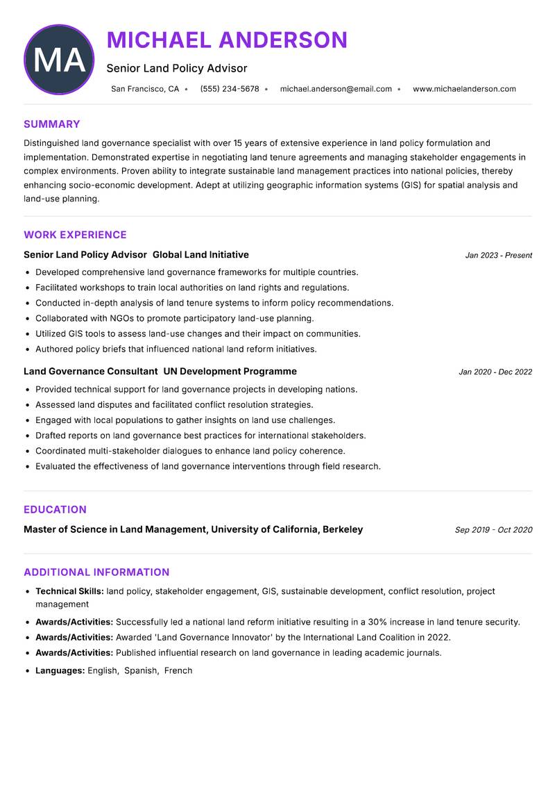 Land Governance Specialist resume example — ATS-friendly template