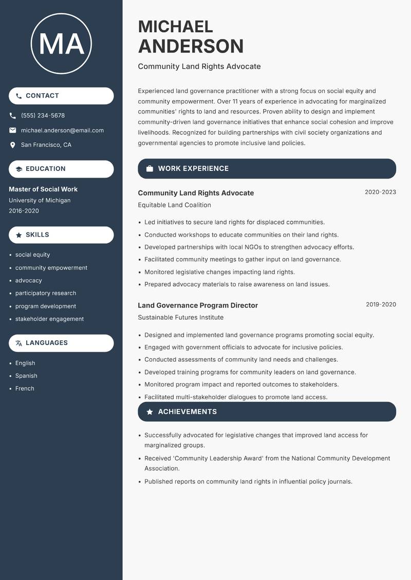 Land Governance Specialist resume template — Compact