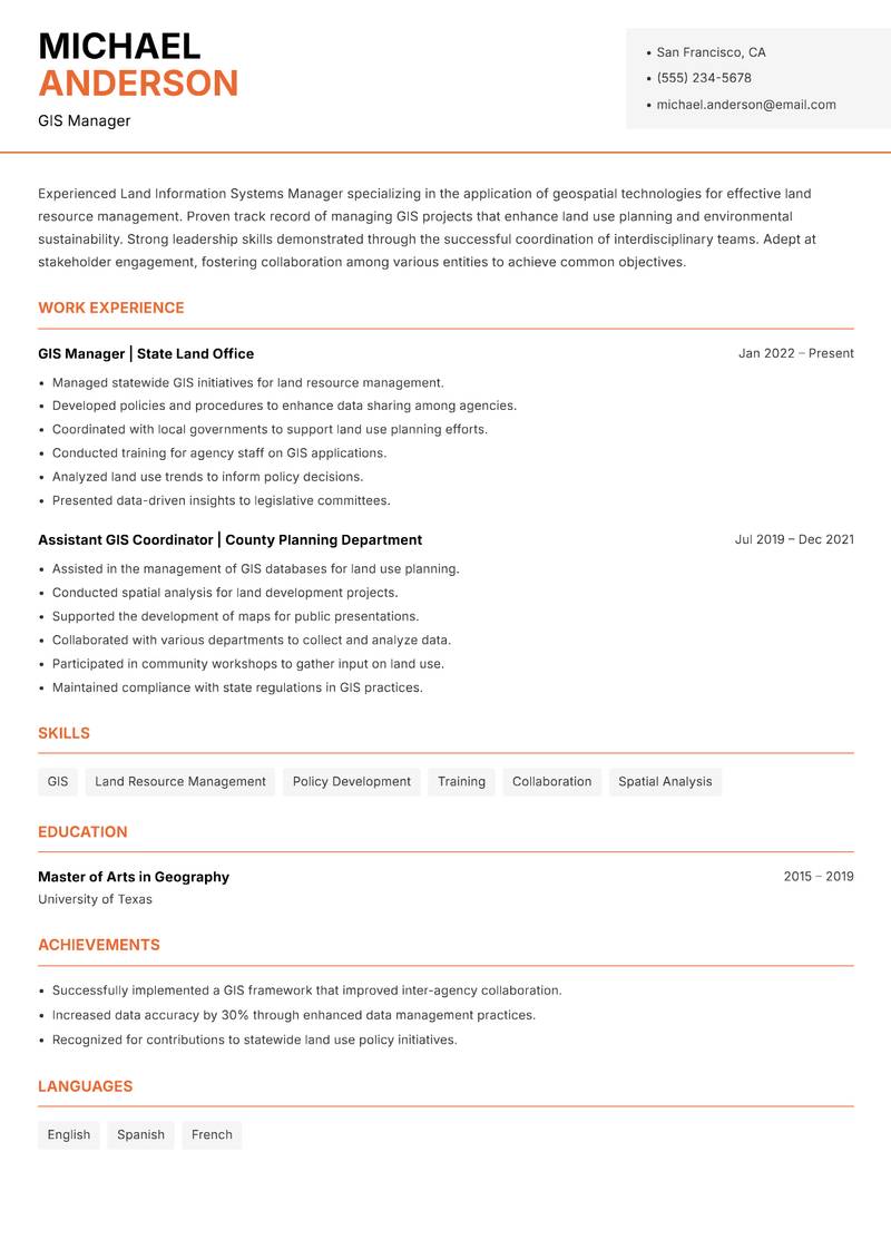 Land Information Systems Manager resume template — Modern Professional