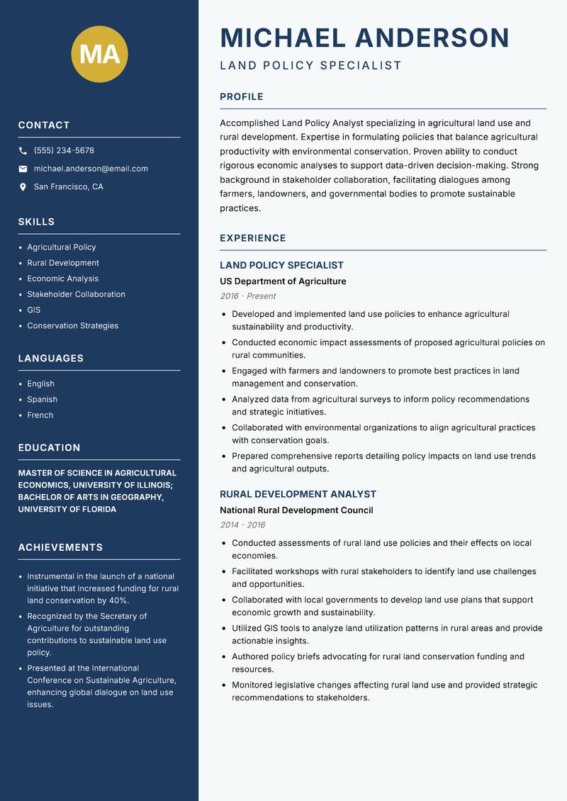 Land Policy Analyst resume template — Classic Clean